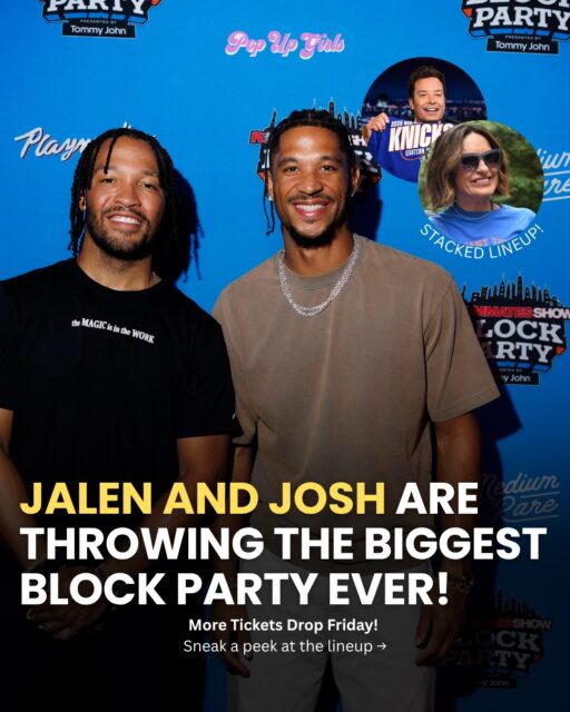 The Roommates Show Block Party just got a major update for the ultimate Championship celebration 😱The event is moving to Randall’s Island Park, more tickets are coming, and the lineup just dropped ⬇️Guests include Spike Lee, Jimmy Fallon, Mariska Hargitay, José Alvarado, and Landry Shamet. 
With live performances from Fabolous, Jim Jones, Maino, and Dave East.🗓️ Thursday, September 24
⏰ 6:00–10:00 PM
📍 Randall’s Island Park
🎟️ More tickets on sale Friday at 12 PM ET at roommateslive.com #theroommatesshow #jalenbrunson #joshhart
