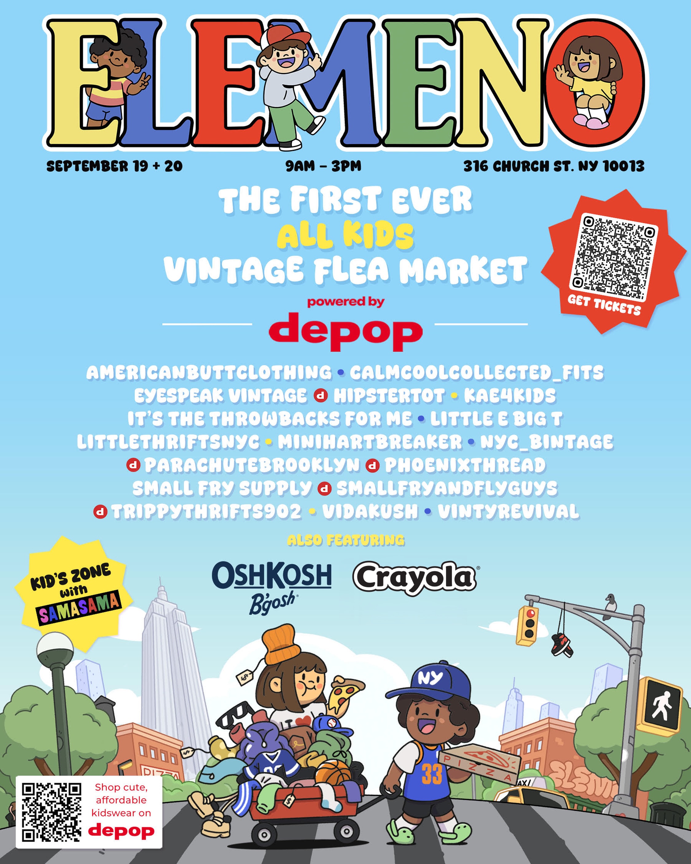 This is the cutest event on our radar this weekend! 🖍️🛍️ Depop x Elemeno Kids Vintage Market @depop @elemenokids (in partnership with @crayola and @oshkoshkids)
🗓️ September 19–20
📍 316 Church St.
🎟️ $10 entry (+ taxes and fees) via EventbriteWhat to expect:
🧺 17 vendors of children’s vintage clothing and toys including 5 Depop sellers
🖨️ Crayola x Depop heat press customization station
🎨 Interactive 3D NYC coloring installation plus take-home sheets
🖍️ The Depop Dip: Pull the winning crayon to win kidswear prizes
🚇 Subway Spin-to-Win: Find hidden Depop and Crayola characters in the NYC skyline backdrop before time runs out📩 DM us (not comment) “depop” and we’ll send the link straight to your DMs!#depop #nyckids #nycmoms #nycevent